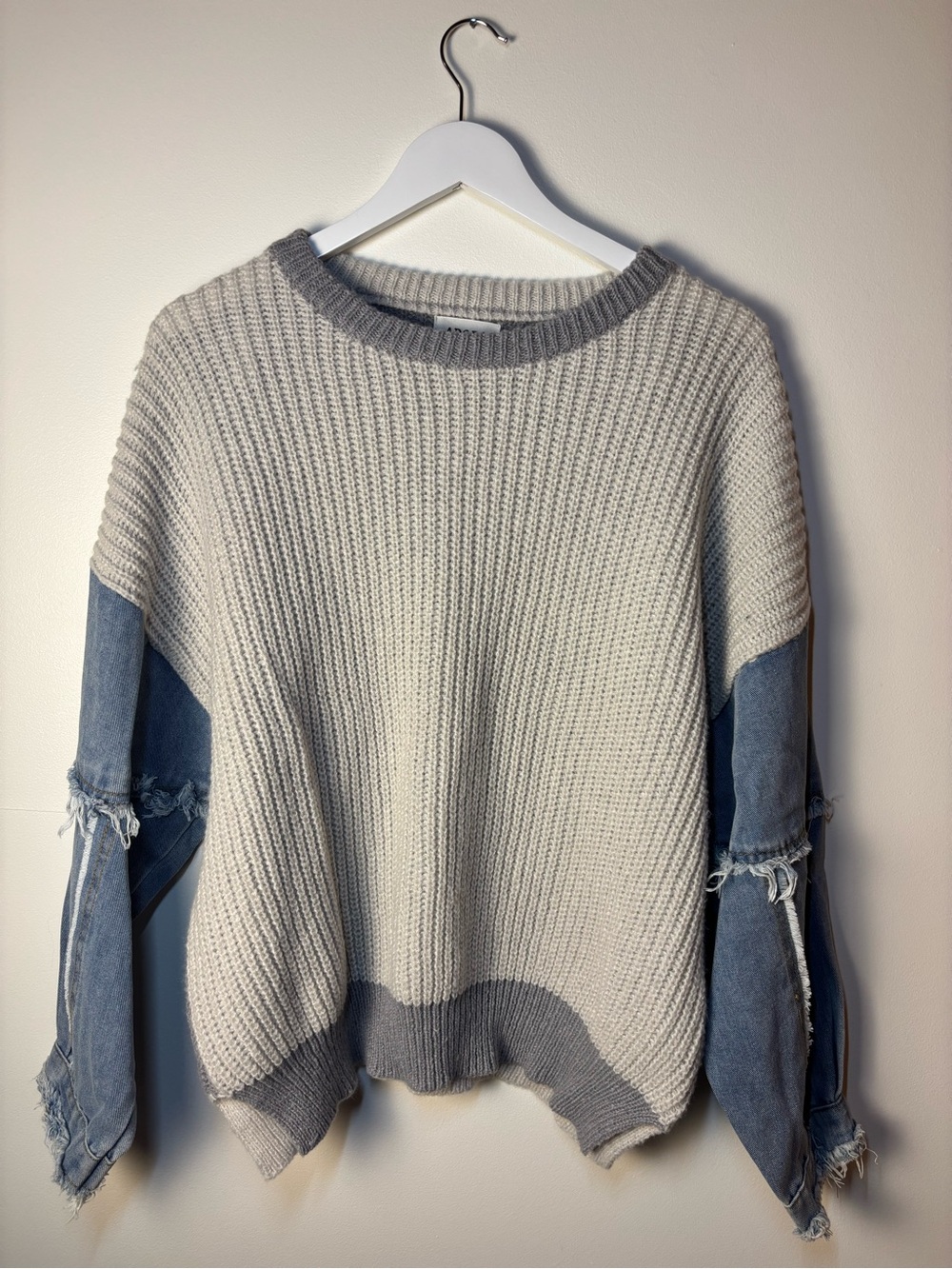 NWOT ADORA Cream Ribbed Sweater w/ Gray Trim and Distressed Denim Sleeves, small
